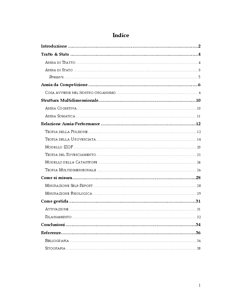 Indice della tesi: Ansia da Competizione: Fattore negativo o positivo?, Pagina 1