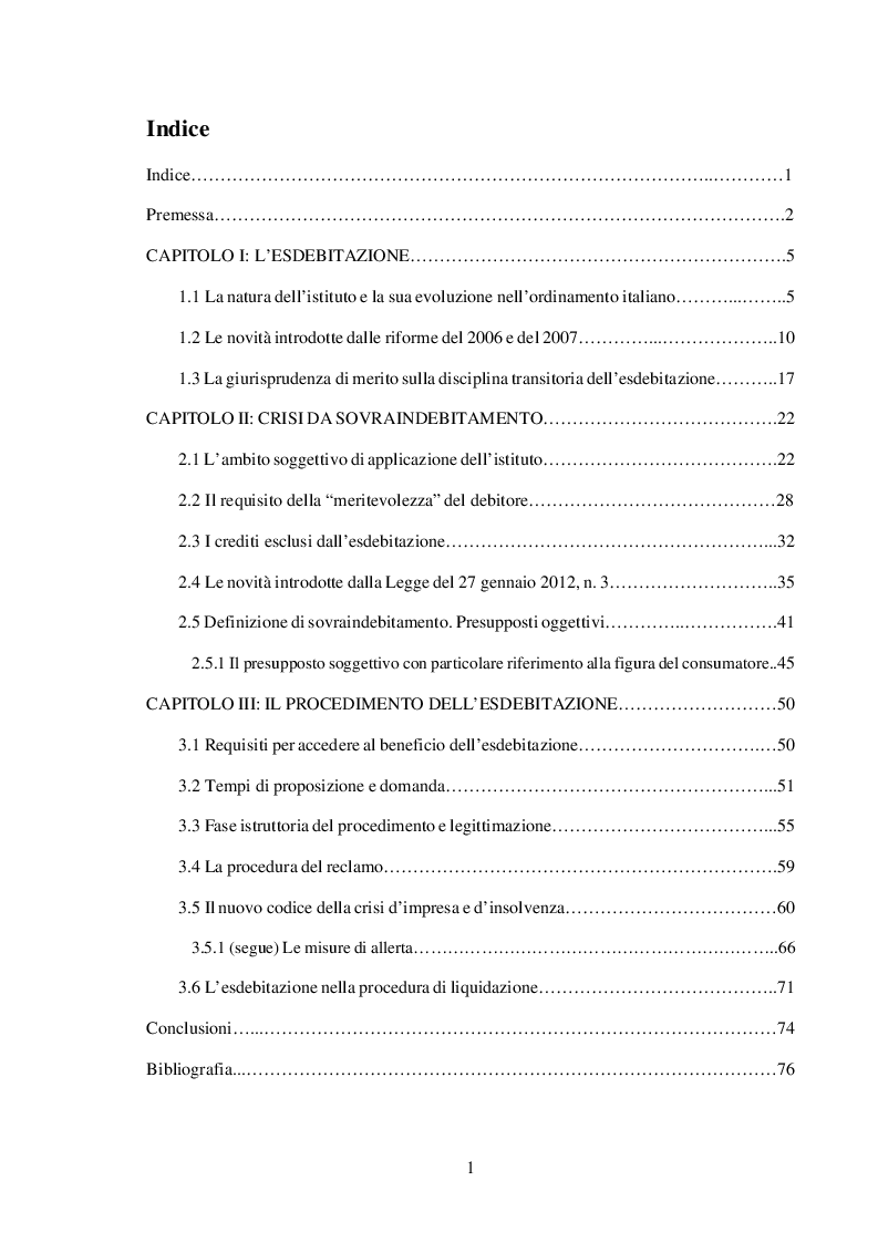 Indice della tesi: L'Istituto dell'Esdebitazione e la Tutela Creditorum, Pagina 1
