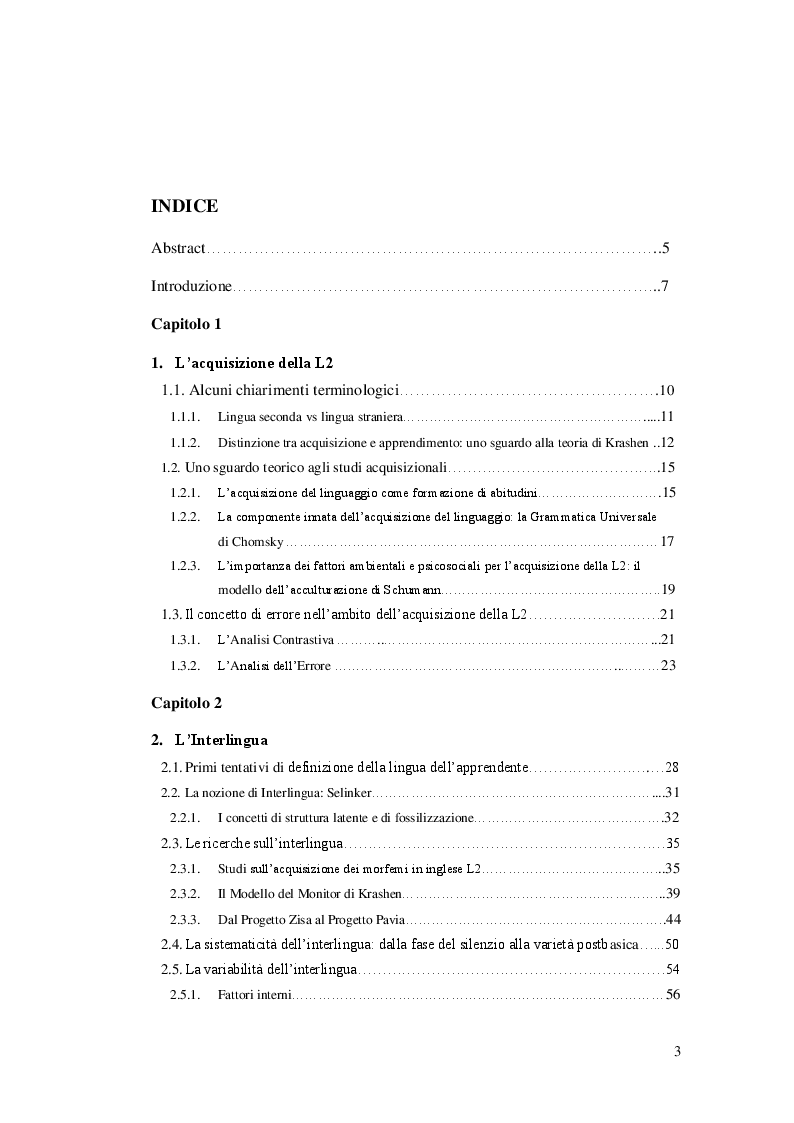 Indice della tesi: L’interlingua di apprendenti italiani di inglese L2: un case study, Pagina 1