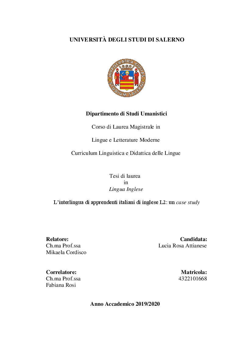 Anteprima della tesi: L’interlingua di apprendenti italiani di inglese L2: un case study, Pagina 1