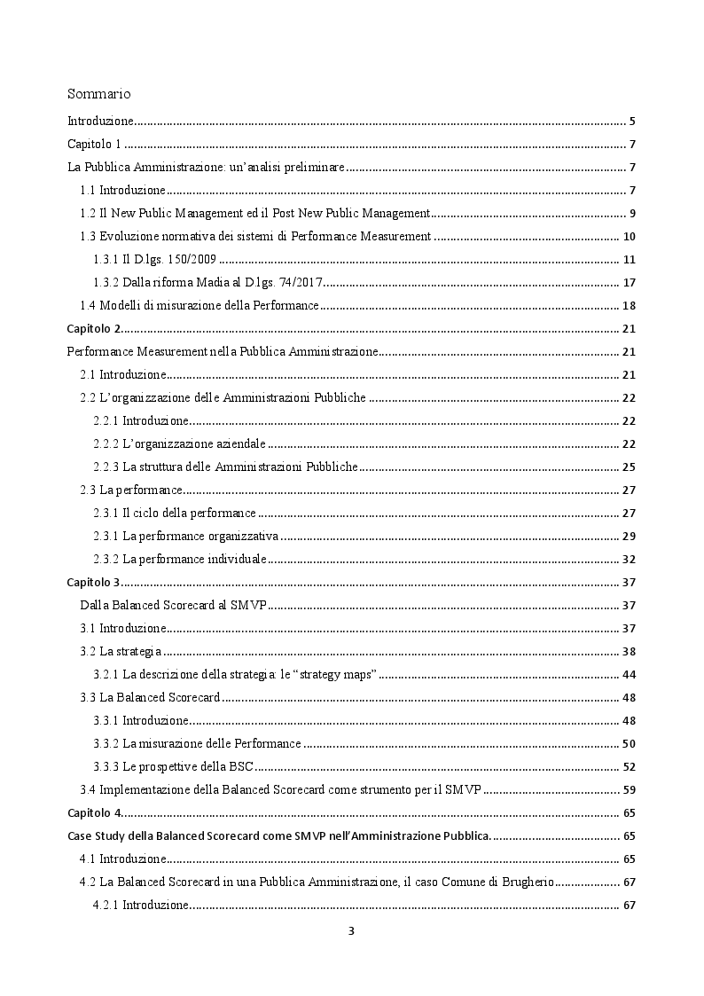 Indice della tesi: Performance Measurement in ambito Pubblico. La “Balanced Scorecard” come strumento per la Misurazione e Valutazione delle Performance, Pagina 1