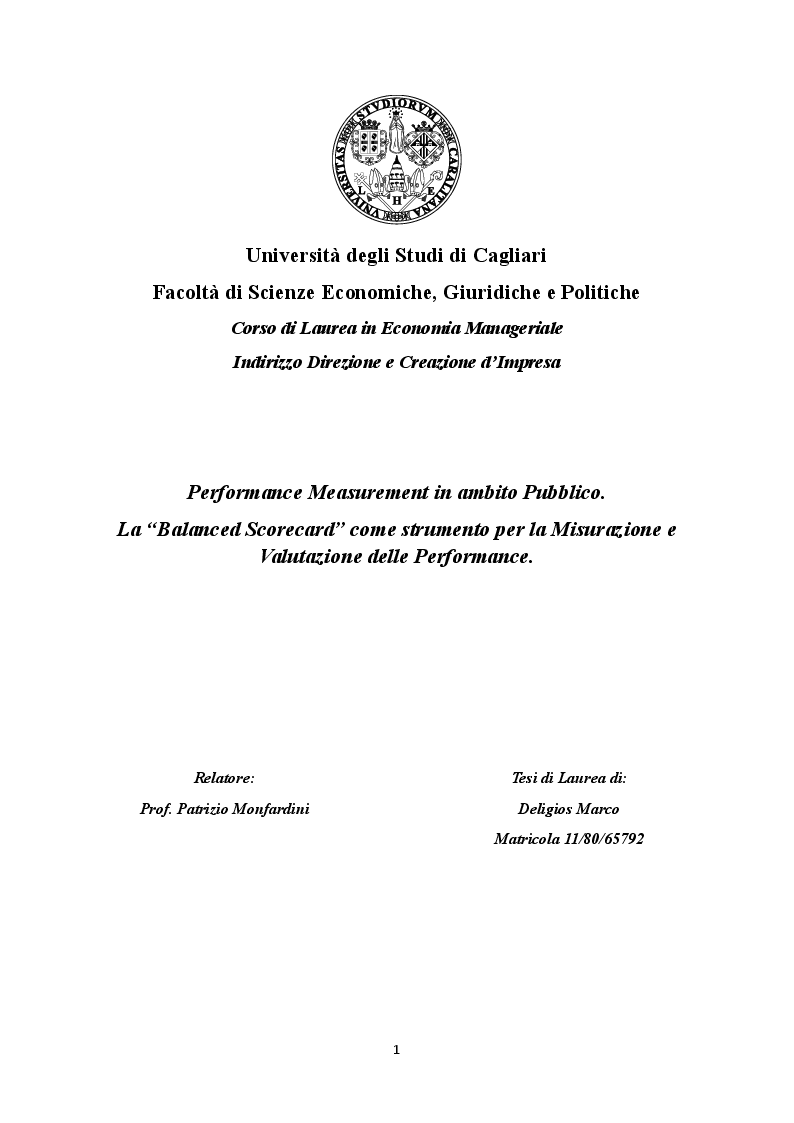 Anteprima della tesi: Performance Measurement in ambito Pubblico. La “Balanced Scorecard” come strumento per la Misurazione e Valutazione delle Performance, Pagina 1