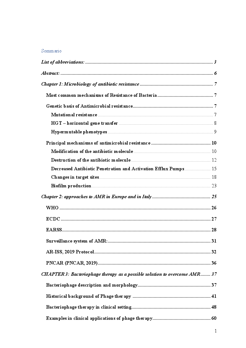 Indice della tesi: New and innovative strategies in order to overcome antibiotic resistance: a focus on phage therapy and fecal microbiota transplantation, Pagina 1