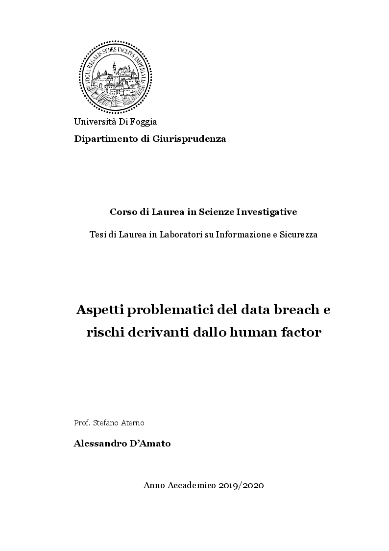 Anteprima della tesi: Aspetti problematici del data breach e rischi derivanti dallo human factor, Pagina 1