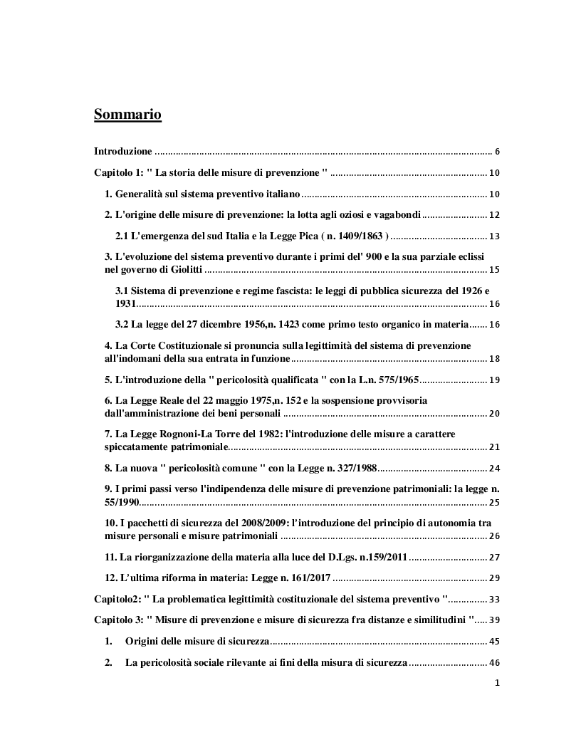 Indice della tesi: Le misure di prevenzione... Verso l'alba di un nuovo diritto?, Pagina 1