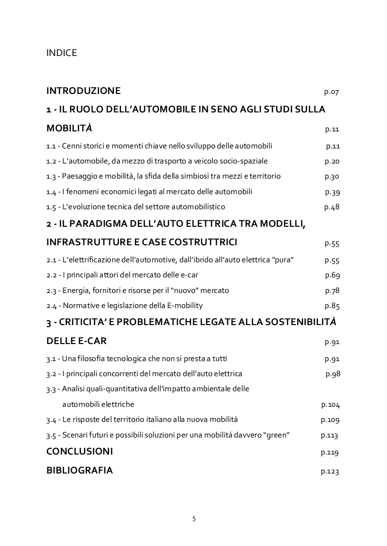 Indice della tesi: Il ruolo dell'automobile elettrica nell'attuale sviluppo della mobilità: attori, tecnologie e criticità, Pagina 1