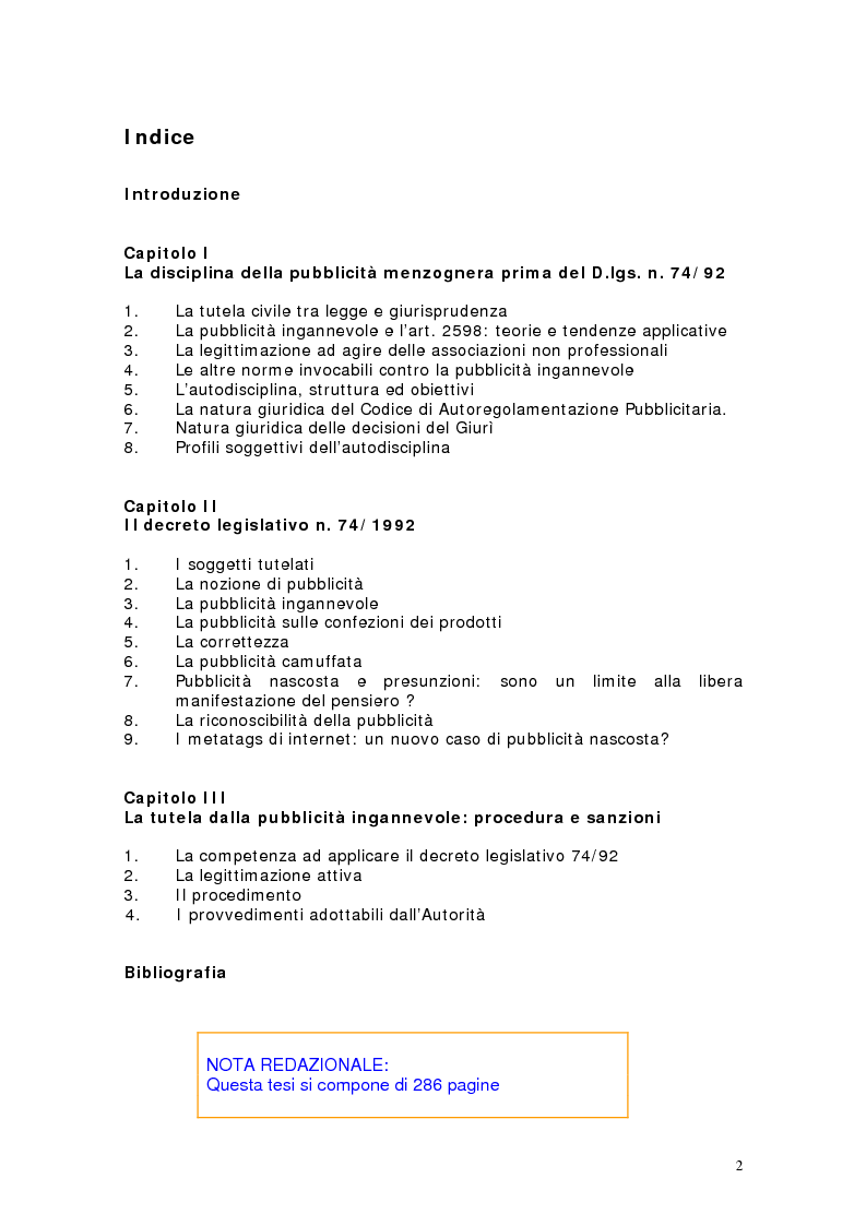 Indice della tesi: La pubblicità ingannevole, Pagina 1