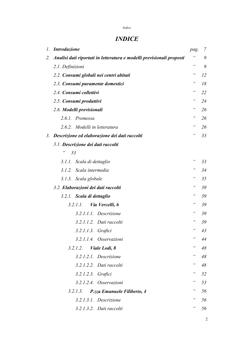 Indice della tesi: Analisi dei fabbisogni idropotabili con particolare riferimento ai consumi domestici, Pagina 1