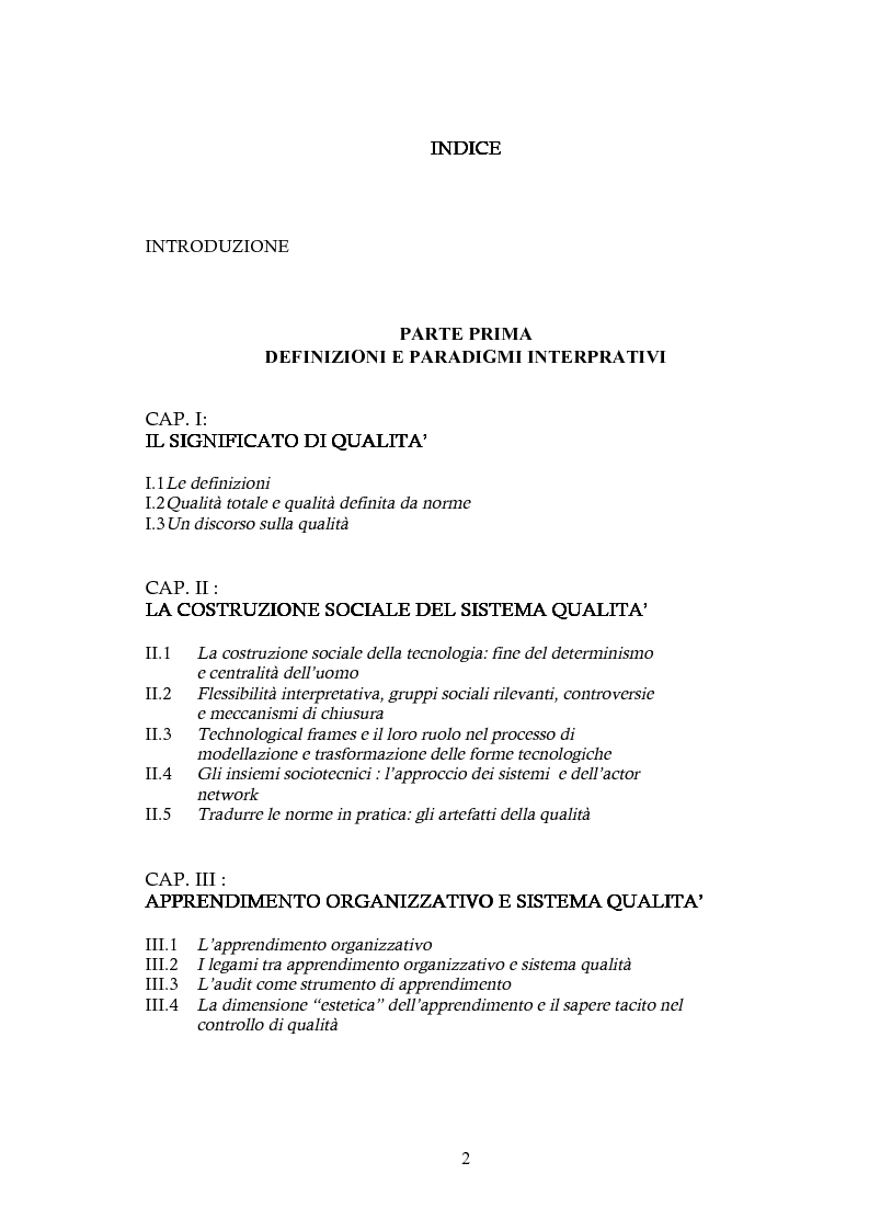 Indice della tesi: Processi di apprendimento e cambiamento organizzativo inerenti l'implementazione del sistema qualità in azienda, Pagina 1