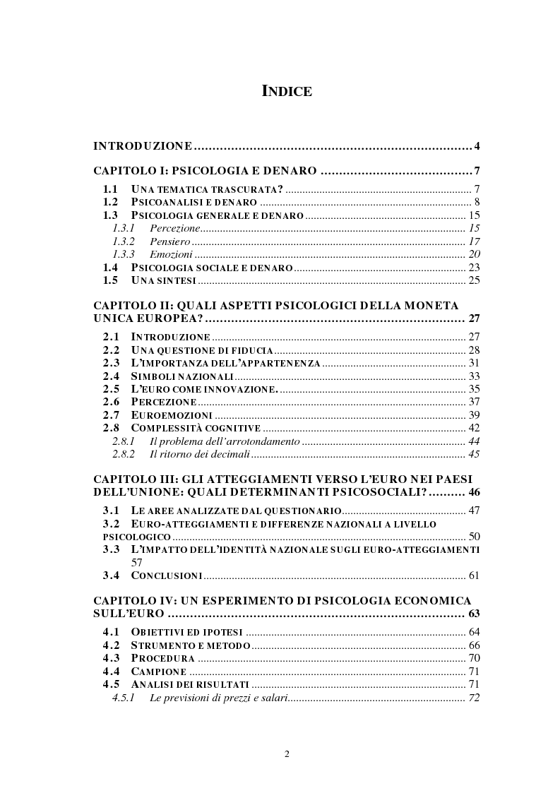 Indice della tesi: L'euro: aspetti psicosociali dell'introduzione della moneta unica europea, Pagina 1