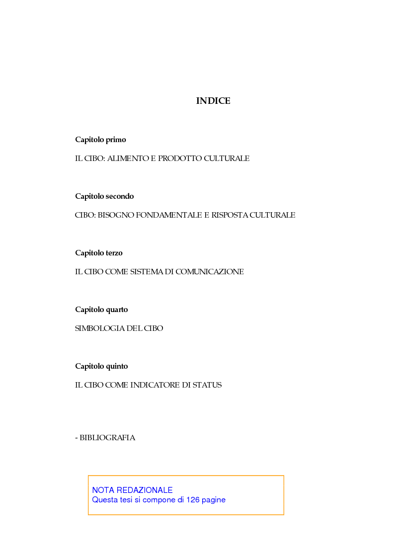 Indice della tesi: Il cibo: da "alimento" a "prodotto culturale", Pagina 1