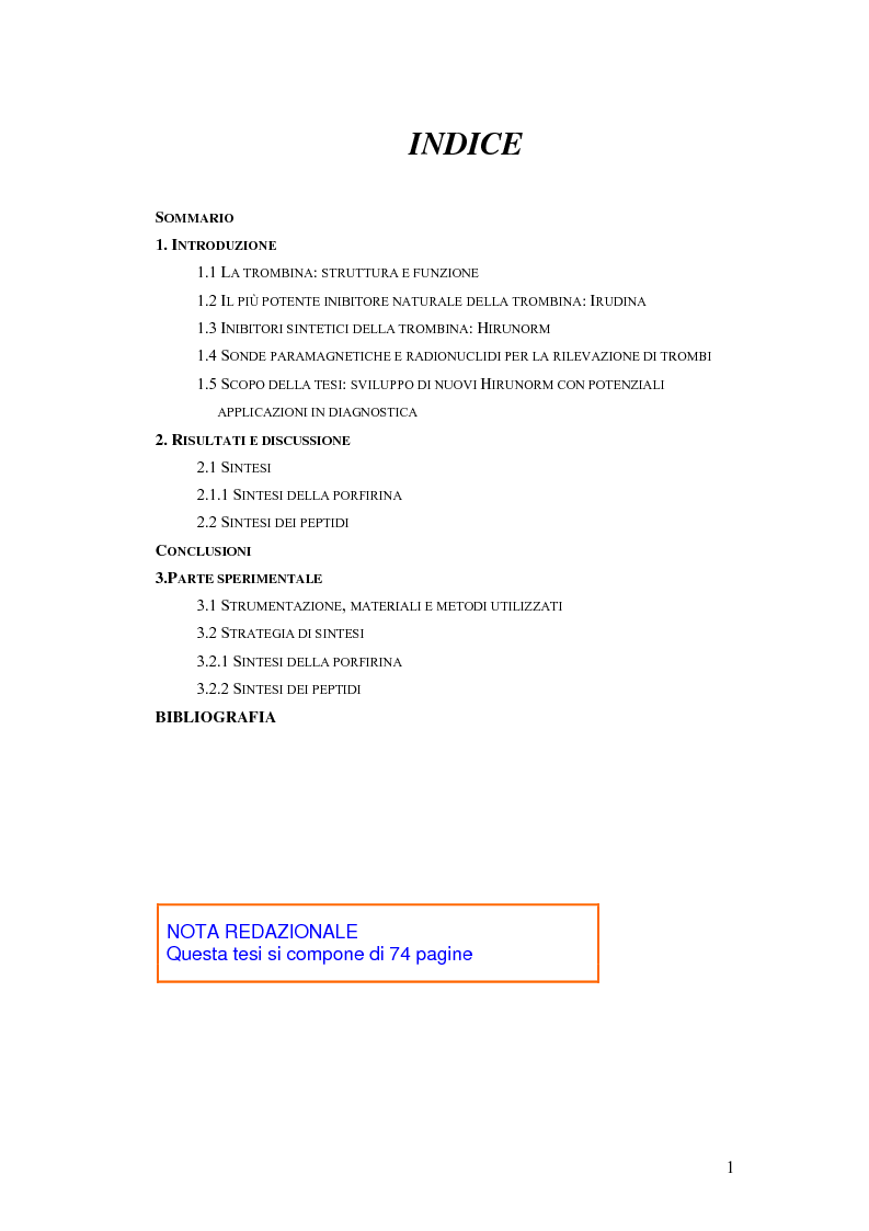 Indice della tesi: Sintesi e caratterizzazione di nuovi inibitori della trombina, Pagina 1