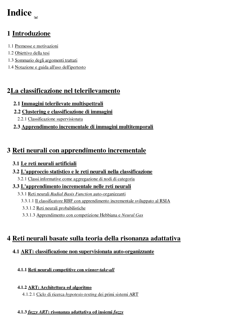 Indice della tesi: La classificazione di immagini telerilevate mediante reti neurali fuzzy Artmap: tecniche di apprendimento incrementale, Pagina 1