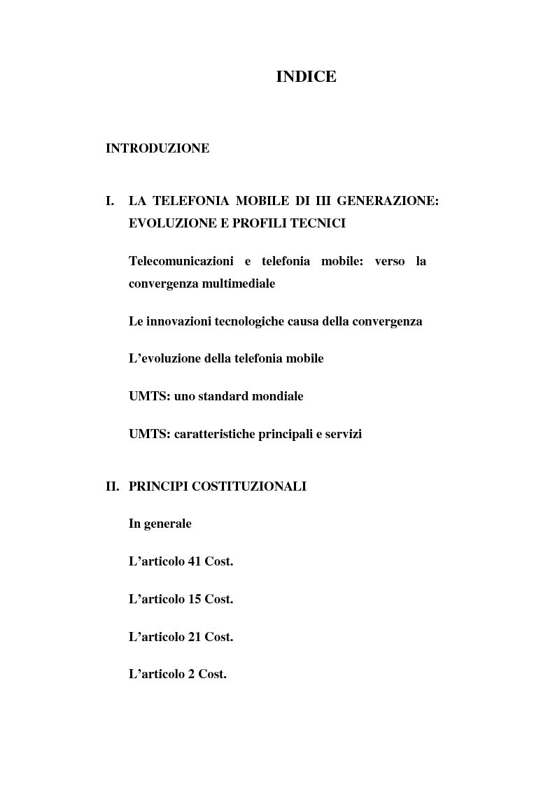 Indice della tesi: La libertà di informazione ed altre problematiche connesse alla telefonia mobile di terza generazione, Pagina 1