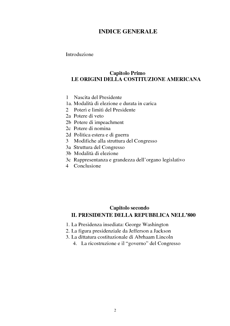 Indice della tesi: Evoluzione dei rapporti tra il Presidente degli Stati Uniti ed il Congresso, Pagina 1