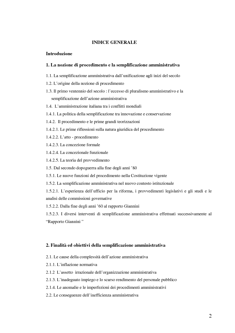 Indice della tesi: La semplificazione dei procedimenti amministrativi, Pagina 1