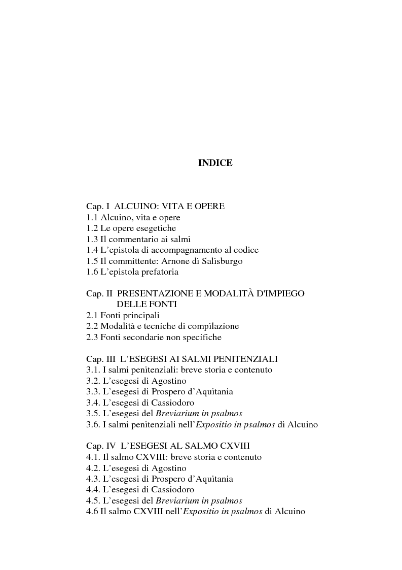 Indice della tesi: Il Liber manualis, commento ai salmi penitenziali, 118 e graduali di Alcuino di York, Pagina 1