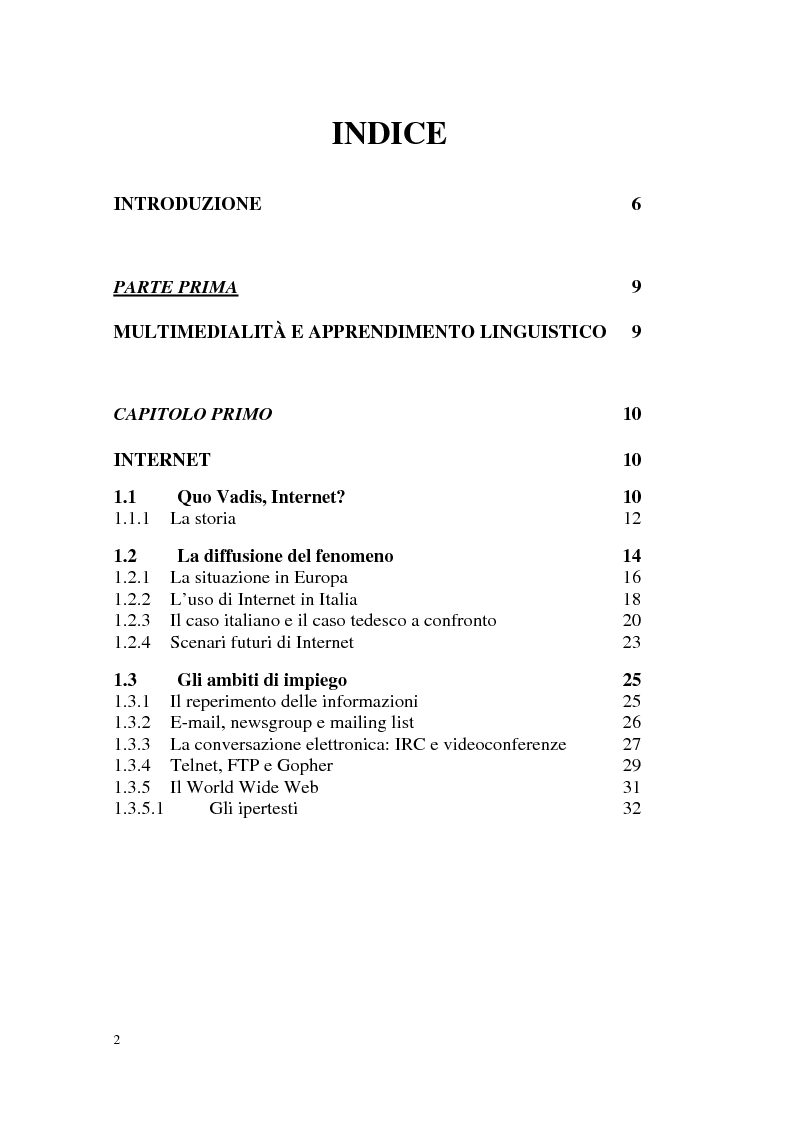 Indice della tesi: Internet e l'apprendimento della lingua tedesca online, Pagina 1