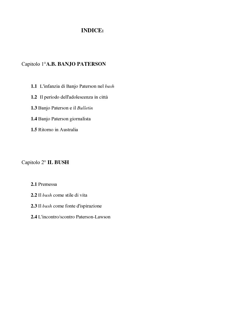 Indice della tesi: "Banjo" Paterson: la ballata e il bush, Pagina 1