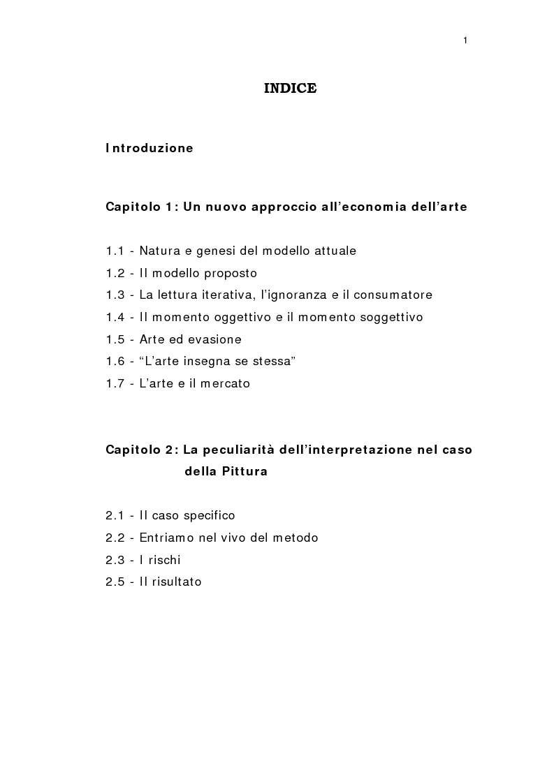 Indice della tesi: La verifica empirica del modello di economia dell'arte, Pagina 1