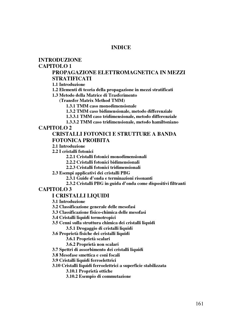 Indice della tesi: Dispositivi a banda fotonica proibita a cristalli liquidi, Pagina 1