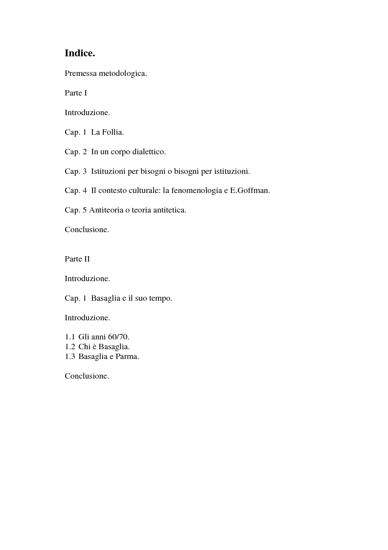 Indice della tesi: L'eredità basagliana, Pagina 1