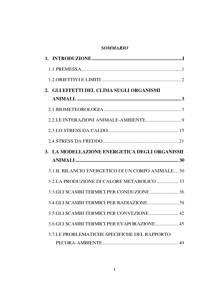 Indice della tesi: Impiego dei simulatori termici per l'analisi degli effetti del clima sul benessere termico di una pecora al pascolo, Pagina 1