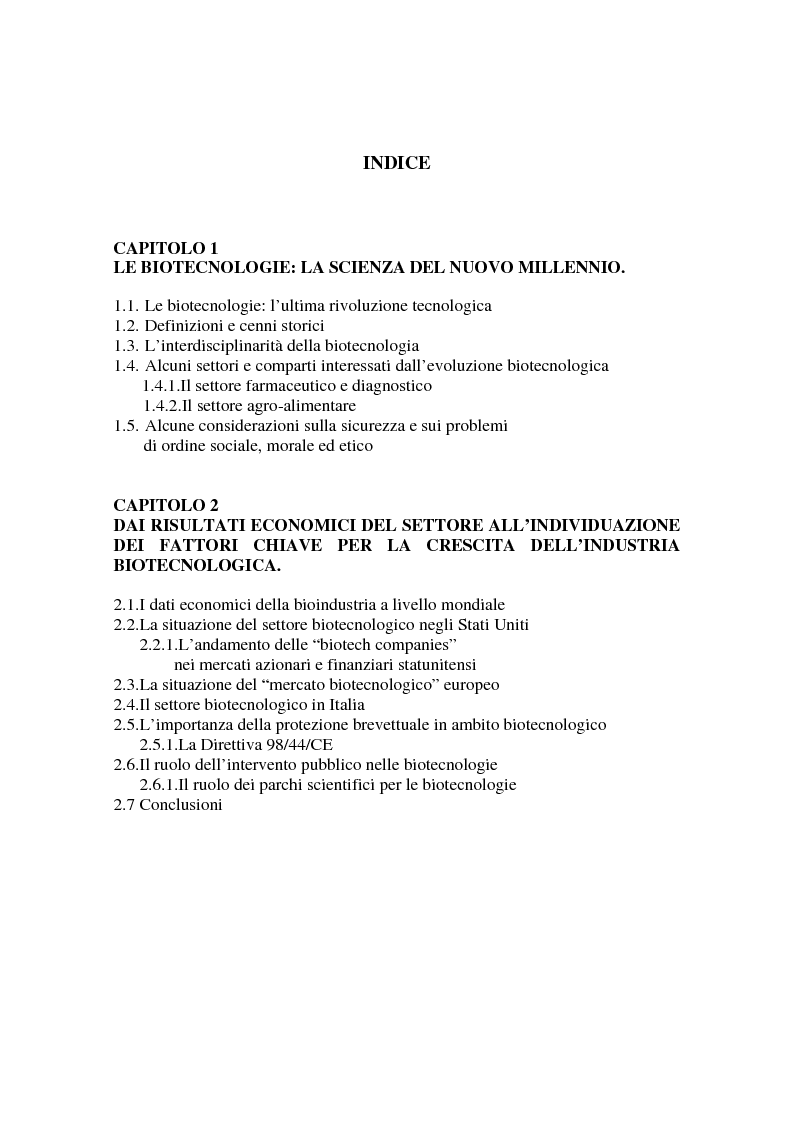 Indice della tesi: La valutazione delle aziende biotecnologiche: i possibili ambiti d'intervento degli intermediari finanziari, Pagina 1