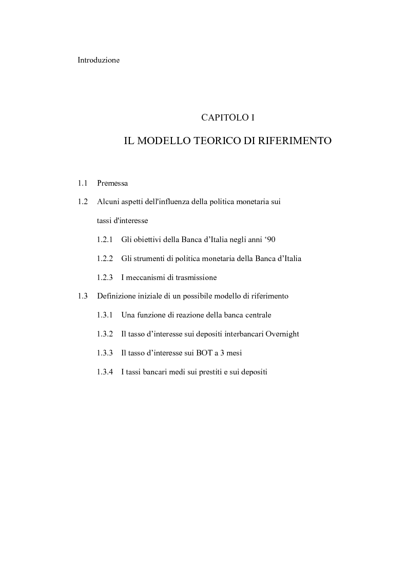 Indice della tesi: Un modello econometrico per l'analisi e la previsione dei tassi d'interesse nel mercato monetario, Pagina 1