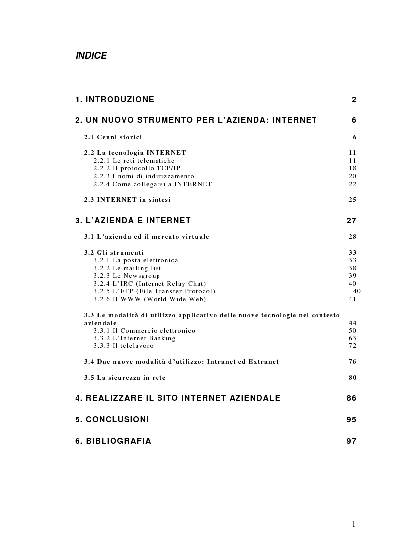 Indice della tesi: L'implementazione di Internet nell'azienda, Pagina 1