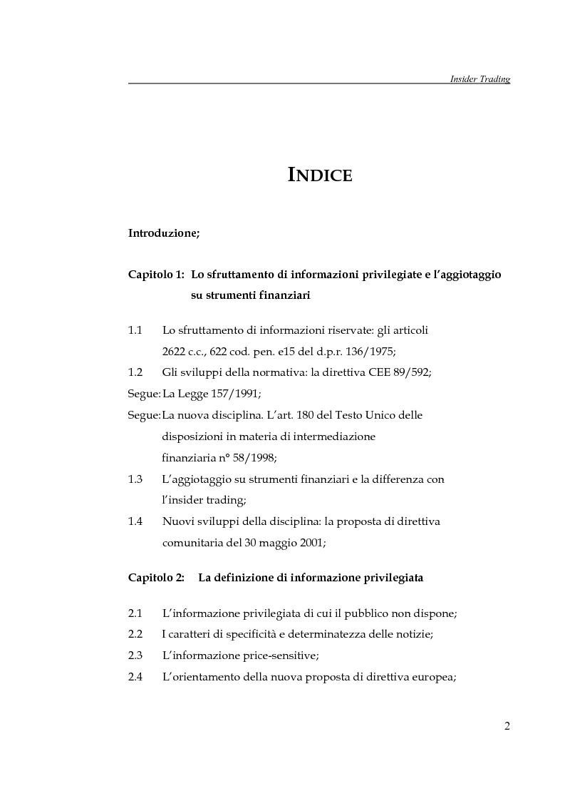 Indice della tesi: L'insider trading, Pagina 1