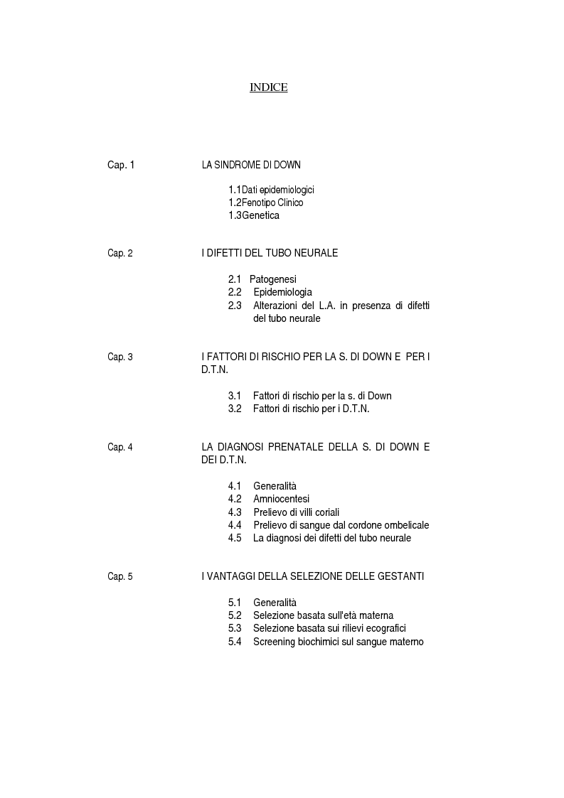 Indice della tesi: Uso del Triplo-Test nello screening della trisomia 21 e dei difetti del tubo neurale, Pagina 1