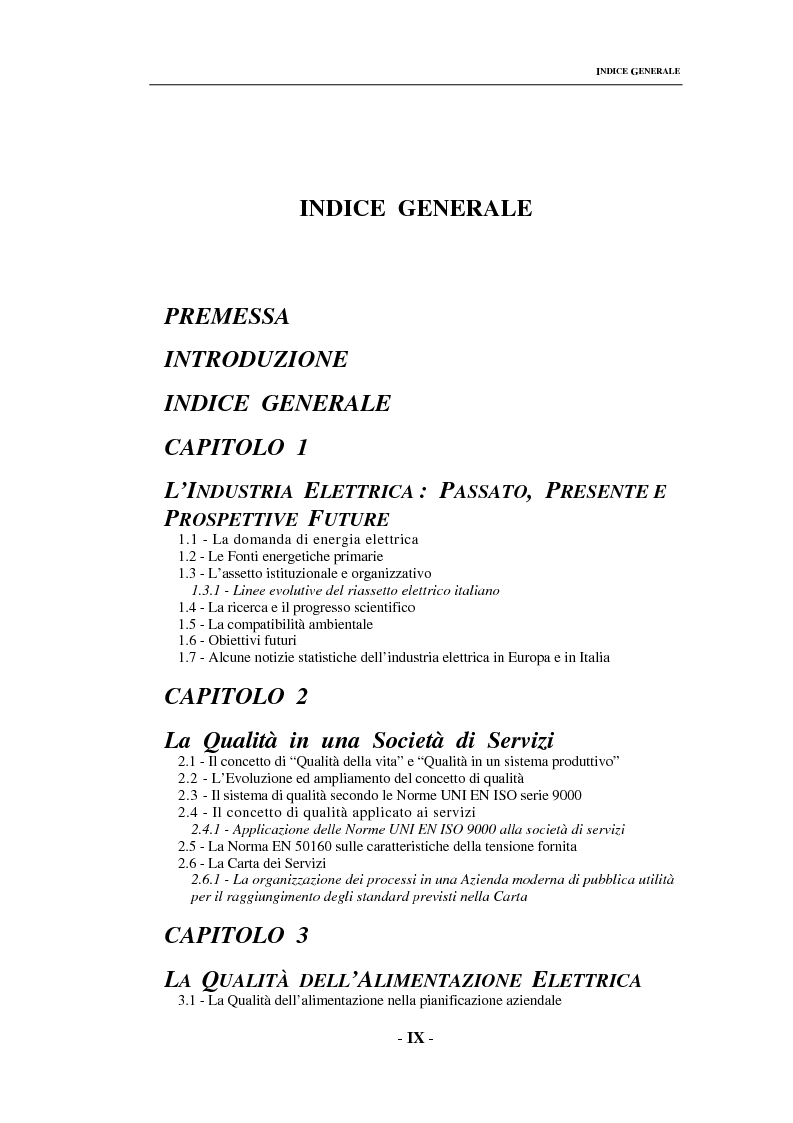 Indice della tesi: Sulla qualità del servizio elettrico alle utenze, Pagina 1