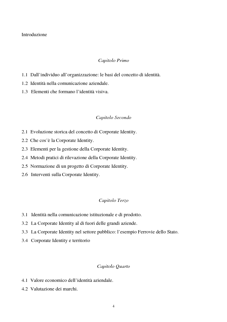 Indice della tesi: La gestione strategica della corporate identity, Pagina 1