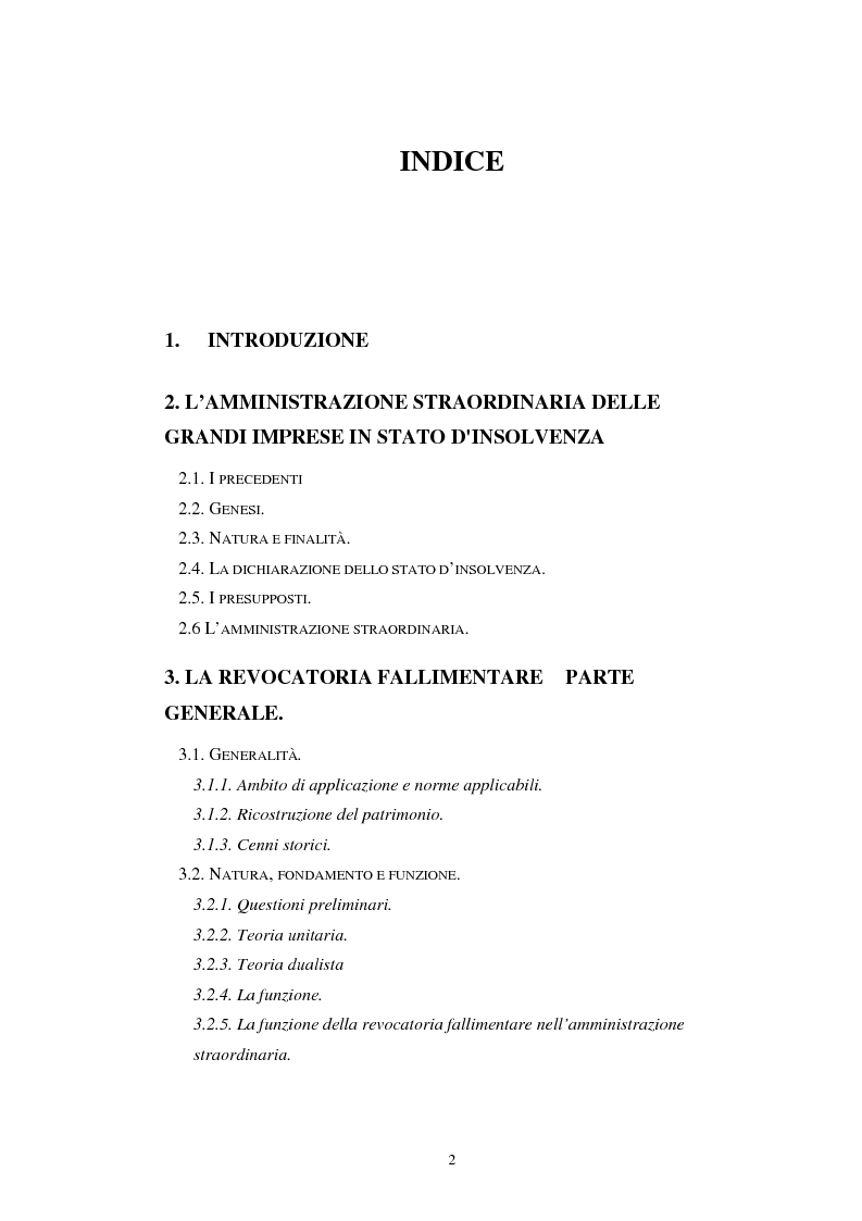 Indice della tesi: La revocatoria nel fallimento e nell'amministrazione straordinaria delle grandi imprese in stato d'insolvenza, Pagina 1