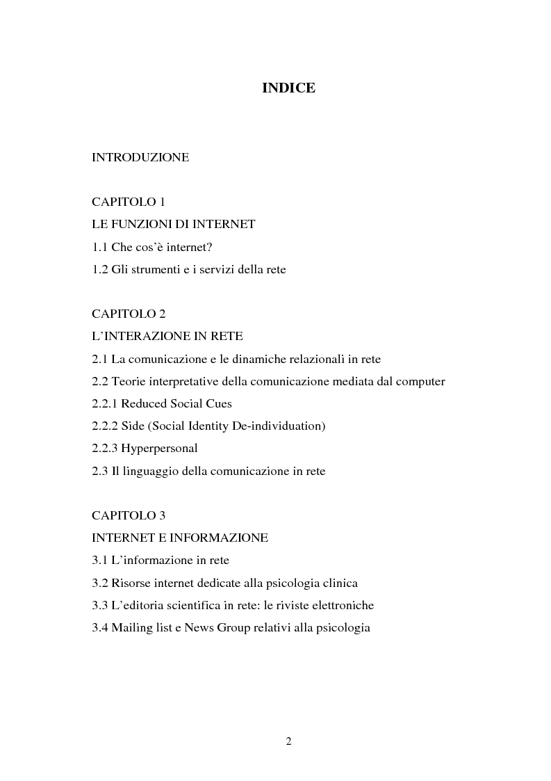 Indice della tesi: Internet come strumento e risorsa per lo psicologo clinico, Pagina 1
