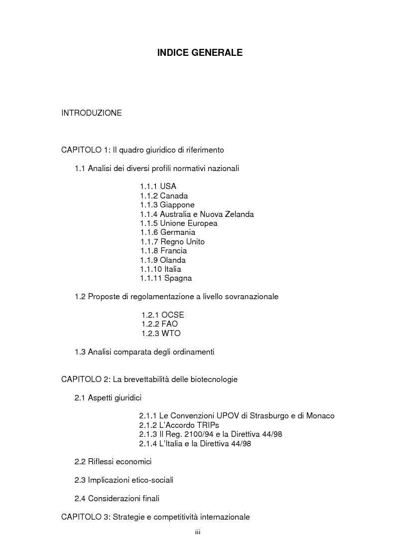Indice della tesi: Biotecnologie e agribusiness: aspetti giuridici, economici e sociali, Pagina 1