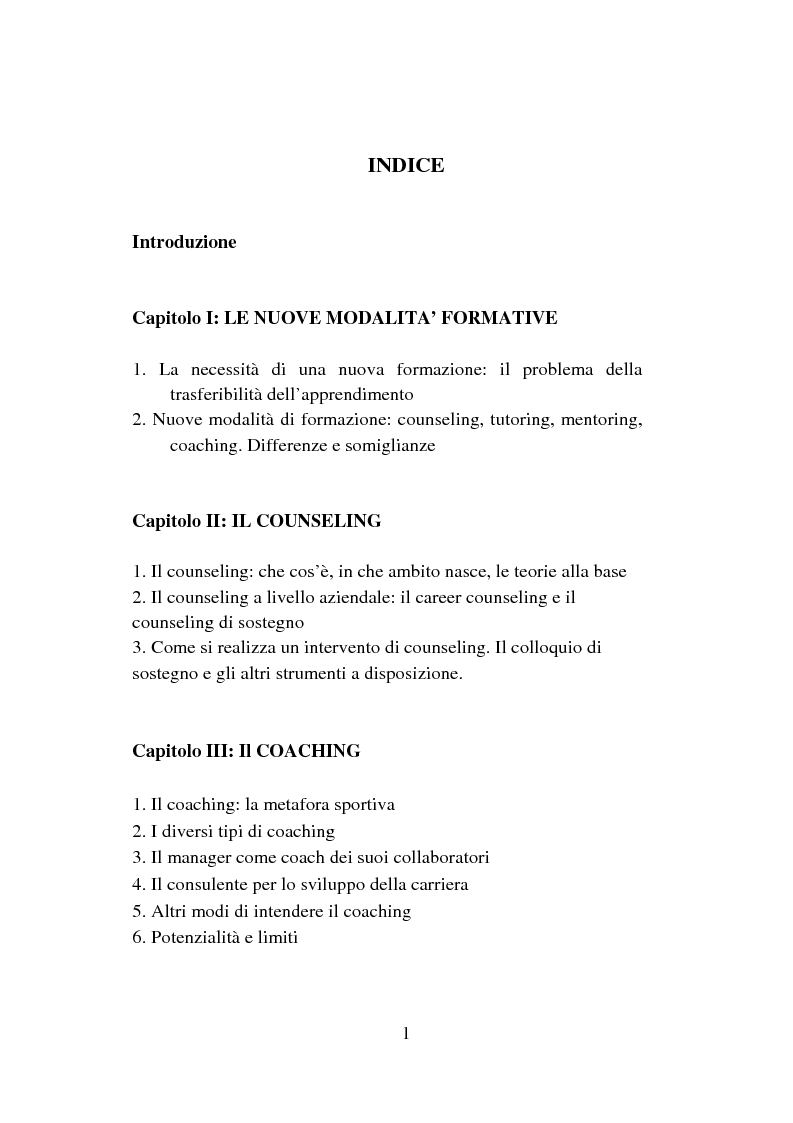 Indice della tesi: Counseling e coaching per la formazione dei manager: l'esperienza di Bayer, Pagina 1