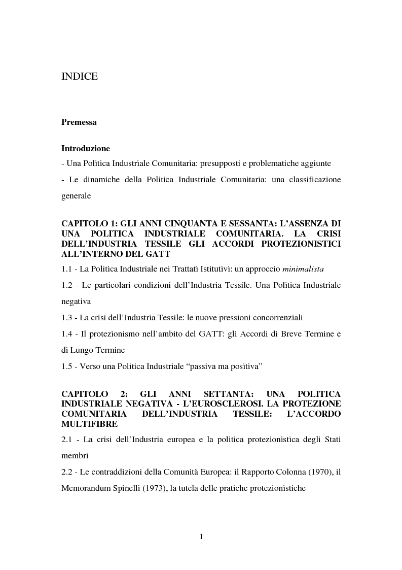 Indice della tesi: Le politiche industriali della Comunità Europea - Il settore tessile, Pagina 1