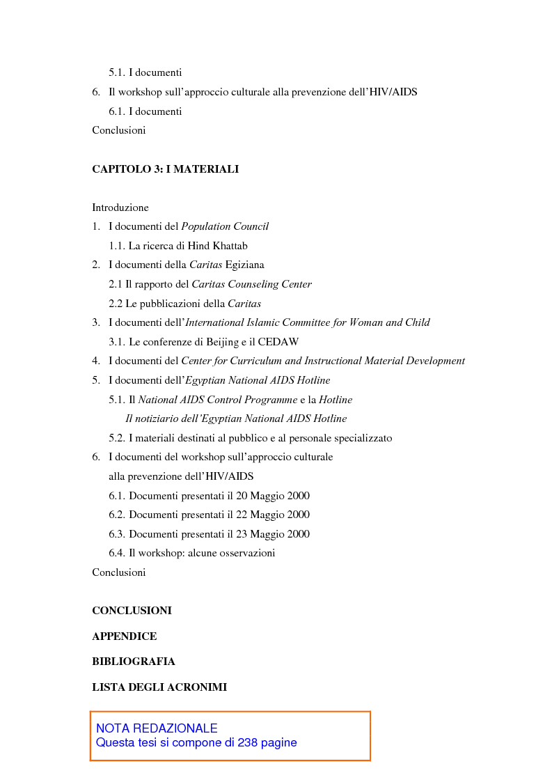 Indice della tesi: Hiv e Aids in Egitto: materiali per la prevenzione. Un approccio culturale, Pagina 2