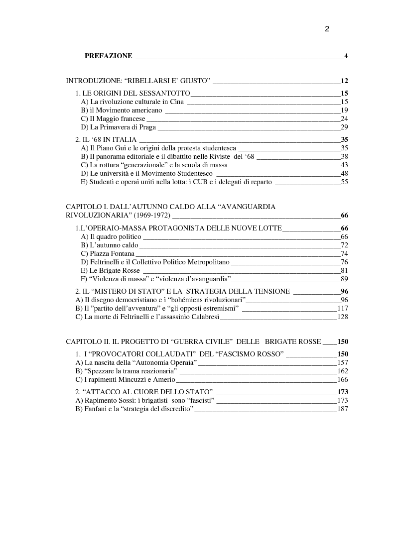 Indice della tesi: Sindacato e terrorismo in Italia dalla strage di piazza Fontana all'assassinio Moro, 1968-1978, Pagina 1