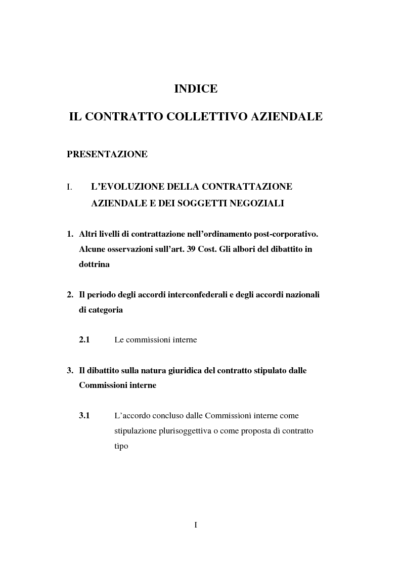 Indice della tesi: Il contratto collettivo aziendale, Pagina 1