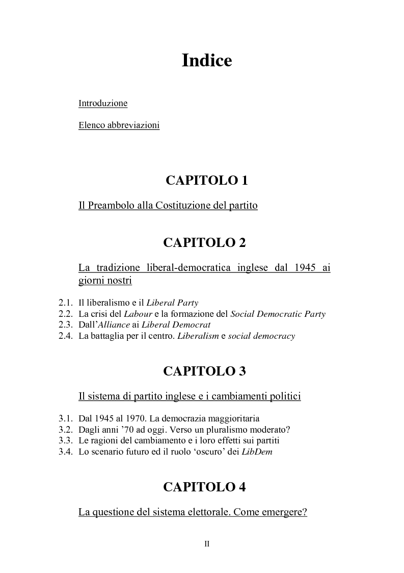 Indice della tesi: La difficile esistenza dei Liberal Democrat nel sistema politico inglese, Pagina 1