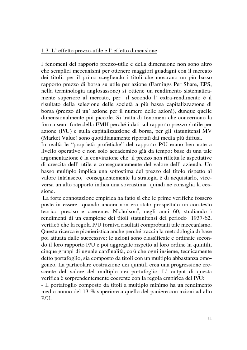Anteprima della tesi: L'efficienza del mercato azionario italiano: il rapporto prezzo-utile e la capitalizzazione di borsa, Pagina 11