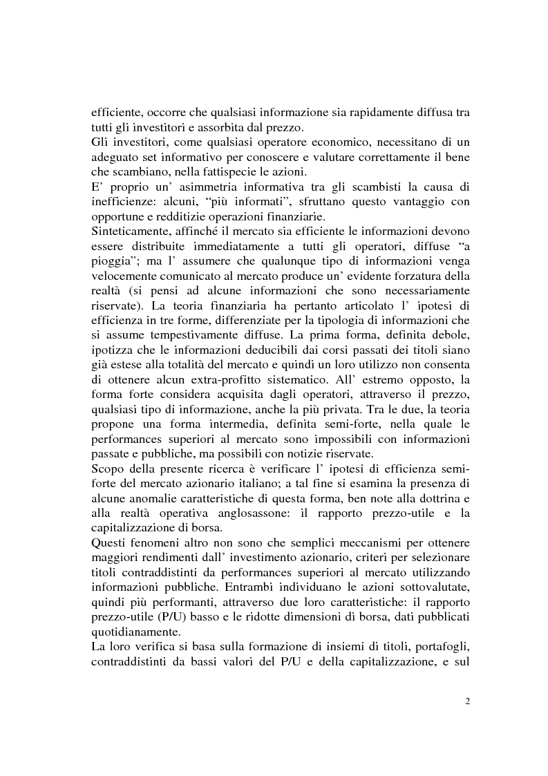 Anteprima della tesi: L'efficienza del mercato azionario italiano: il rapporto prezzo-utile e la capitalizzazione di borsa, Pagina 2
