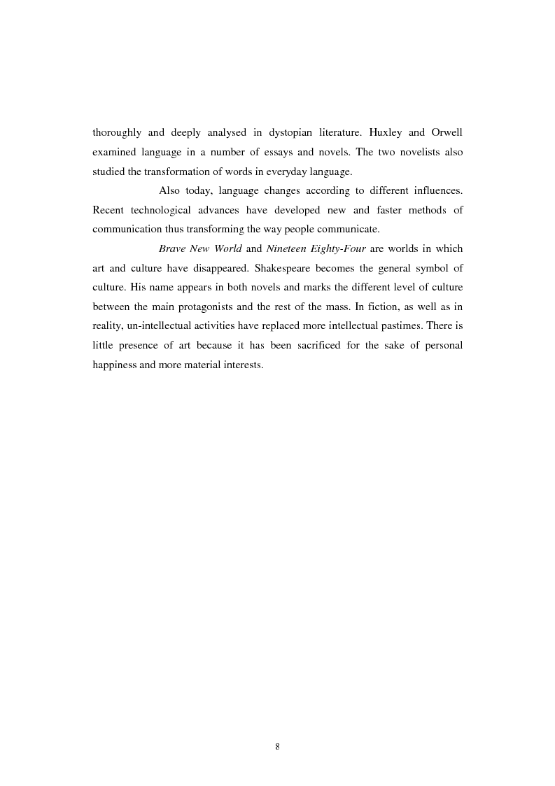 Anteprima della tesi: The Contemporary World Seen through the Dystopian Novels of Huxley and Orwell, Pagina 5