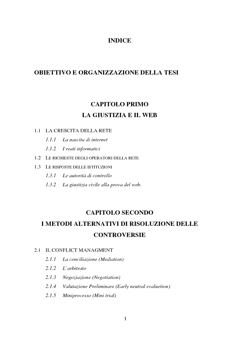 Indice della tesi: Gli Adr come alternativa alle controversie su Internet, Pagina 1
