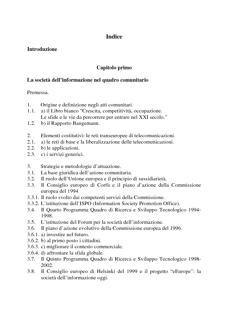 Indice della tesi: La società dell'informazione e la tutela della privacy nell'ordinamento internazionale e comunitario, Pagina 1