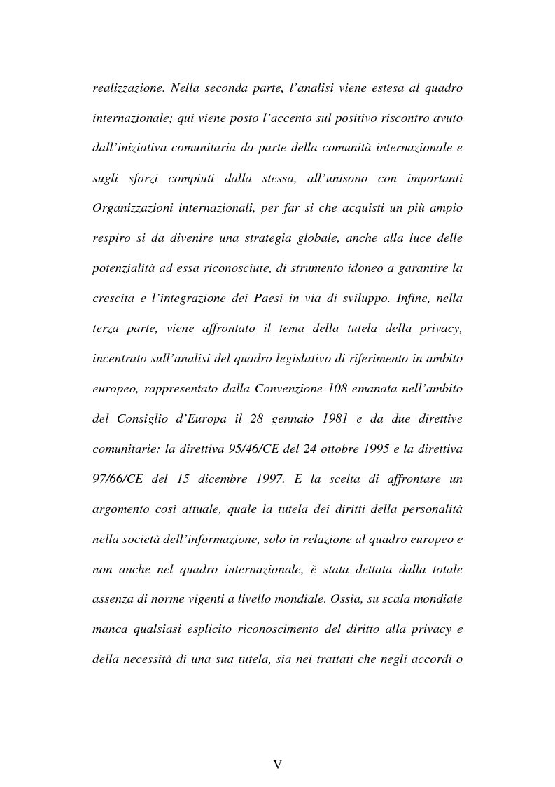 Anteprima della tesi: La società dell'informazione e la tutela della privacy nell'ordinamento internazionale e comunitario, Pagina 5