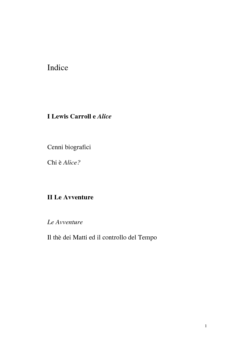 Indice della tesi: Alice tra senso e non senso. Studio su Lewis Carroll, Pagina 1